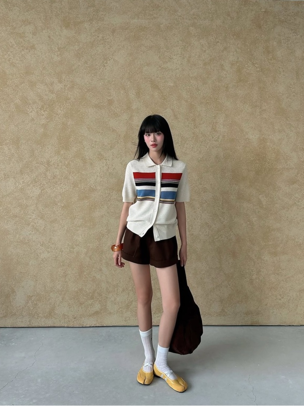 Cream Knit Polo Cardigan with Multicolor Stripes